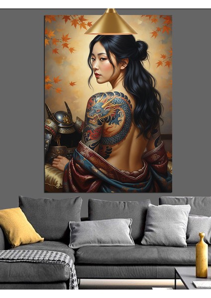 Ejderha Dövmeli Uzakdoğulu Güzel Kadın Dekoratif Kanvas - Mdf Ahşap Tablo modelleri