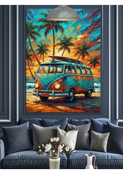 Yaz Tatili Palmiyeli Sahilde Klasik Vosvos Minibüs Dekoratif Kanvas - Mdf Ahşap Tablo