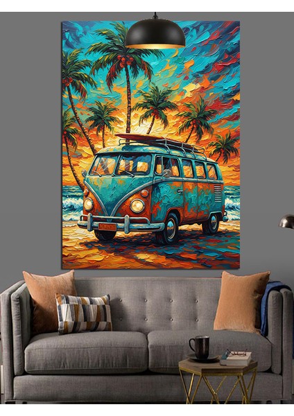 Yaz Tatili Palmiyeli Sahilde Klasik Vosvos Minibüs Dekoratif Kanvas - Mdf Ahşap Tablo fiyatları
