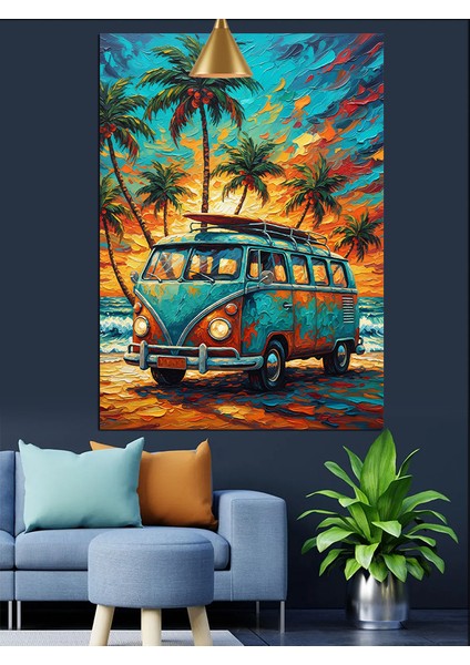 Yaz Tatili Palmiyeli Sahilde Klasik Vosvos Minibüs Dekoratif Kanvas - Mdf Ahşap Tablo modelleri