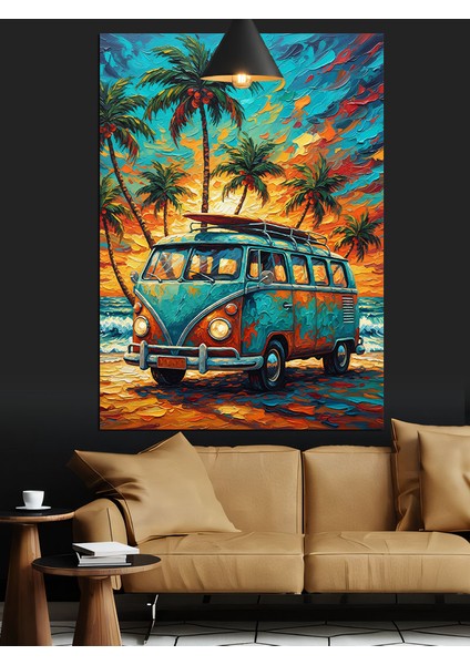 Yaz Tatili Palmiyeli Sahilde Klasik Vosvos Minibüs Dekoratif Kanvas - Mdf Ahşap Tablo fırsatları