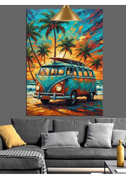 Yaz Tatili Palmiyeli Sahilde Klasik Vosvos Minibüs Dekoratif Kanvas - Mdf Ahşap Tablo indirimleri