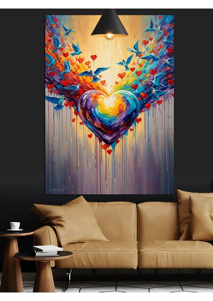 Renkli Kelebeklerin Kalp Sanatı Dekoratif Kanvas - Mdf Ahşap Tablo