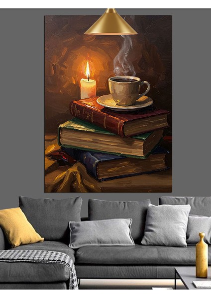 Kitaplar Kahve Fincanı Mum Dekoratif Kanvas - Mdf Ahşap Tablo