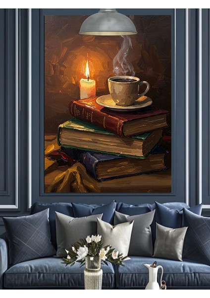 Kitaplar Kahve Fincanı Mum Dekoratif Kanvas - Mdf Ahşap Tablo fiyatları