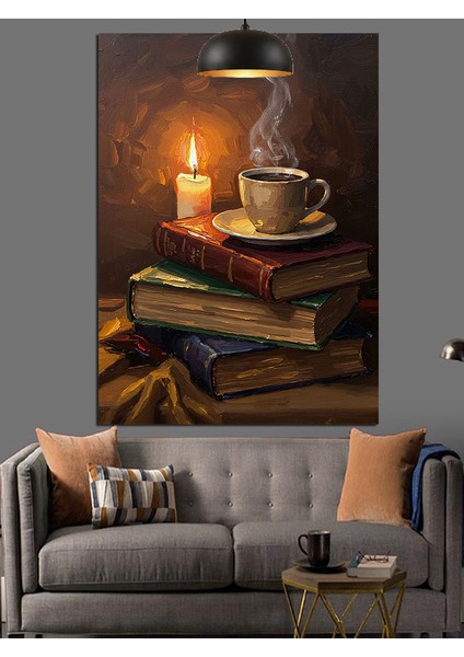 Kitaplar Kahve Fincanı Mum Dekoratif Kanvas - Mdf Ahşap Tablo modelleri