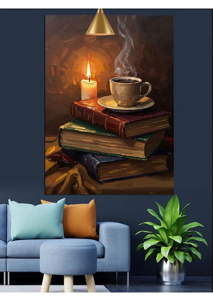 Kitaplar Kahve Fincanı Mum Dekoratif Kanvas - Mdf Ahşap Tablo fırsatları
