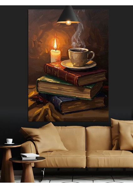 Kitaplar Kahve Fincanı Mum Dekoratif Kanvas - Mdf Ahşap Tablo indirimleri