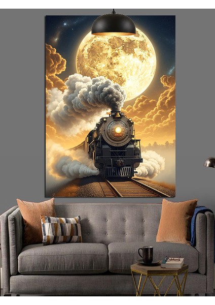 Dolunay ve Dumanlar Içinde Kara Tren Dekoratif Kanvas - Mdf Ahşap Tablo fırsatları