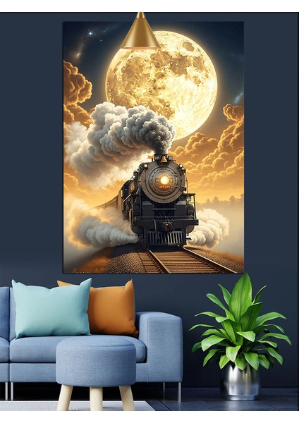 Dolunay ve Dumanlar Içinde Kara Tren Dekoratif Kanvas - Mdf Ahşap Tablo indirimleri