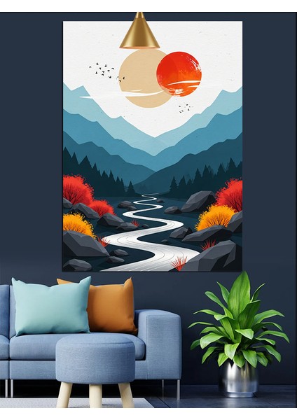 Katmanlı Dağlar Deniz Manzarası Renkli Dekoratif Kanvas - Mdf Ahşap Tablo indirimleri