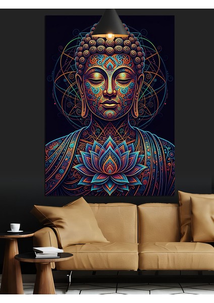 Meditasyon, Buda Mor Işık ve Lotus Dekoratif Kanvas - Mdf Ahşap Tablo
