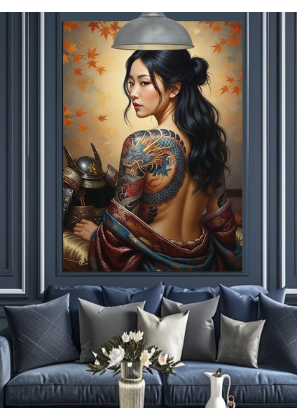 Ejderha Dövmeli Uzakdoğulu Güzel Kadın Dekoratif Kanvas - Mdf Ahşap Tablo fırsatları