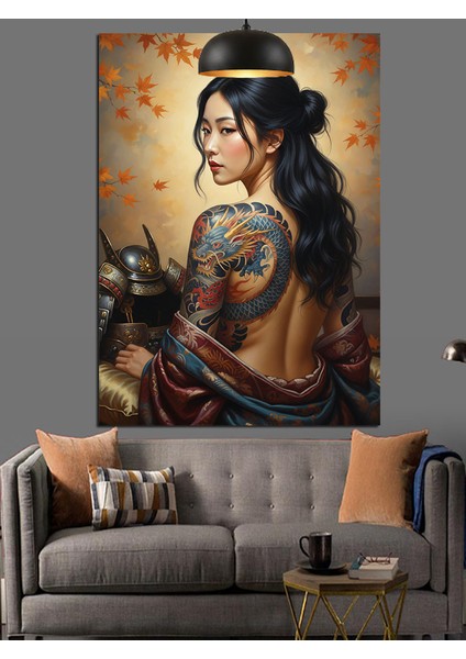 Ejderha Dövmeli Uzakdoğulu Güzel Kadın Dekoratif Kanvas - Mdf Ahşap Tablo indirimleri