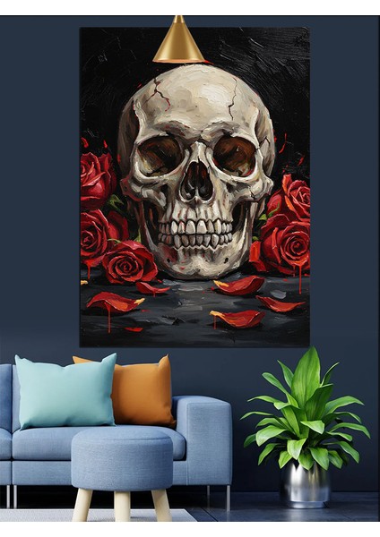 Kırmızı Güller ve Kuru Kafa Siyah Fon Dekoratif Kanvas - Mdf Ahşap Tablo
