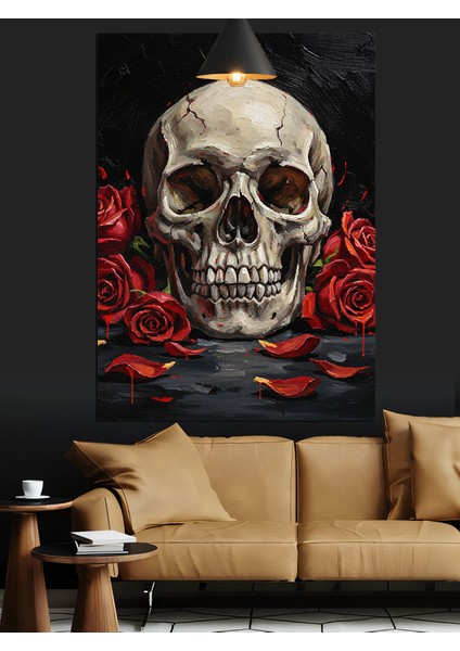 Kırmızı Güller ve Kuru Kafa Siyah Fon Dekoratif Kanvas - Mdf Ahşap Tablo fiyatları