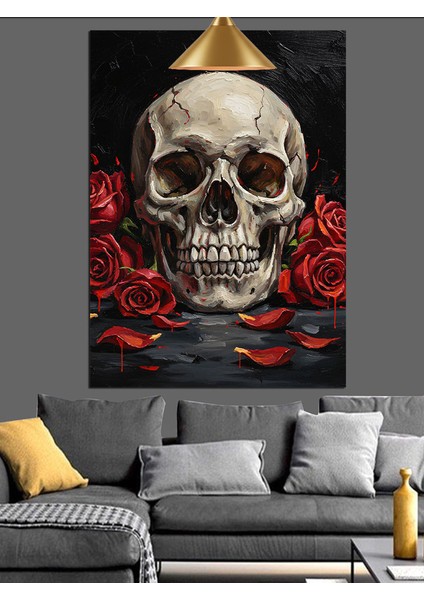 Kırmızı Güller ve Kuru Kafa Siyah Fon Dekoratif Kanvas - Mdf Ahşap Tablo modelleri