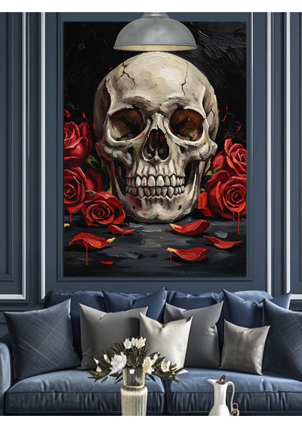 Kırmızı Güller ve Kuru Kafa Siyah Fon Dekoratif Kanvas - Mdf Ahşap Tablo fırsatları
