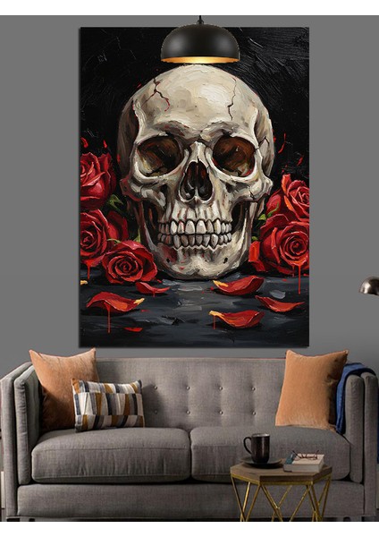 Kırmızı Güller ve Kuru Kafa Siyah Fon Dekoratif Kanvas - Mdf Ahşap Tablo indirimleri