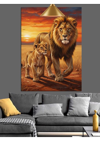 Afrika Bozkırlarında Gezen Aslan ve Yavrusu Dekoratif Kanvas - Mdf Ahşap Tablo