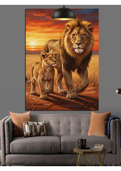 Afrika Bozkırlarında Gezen Aslan ve Yavrusu Dekoratif Kanvas - Mdf Ahşap Tablo modelleri