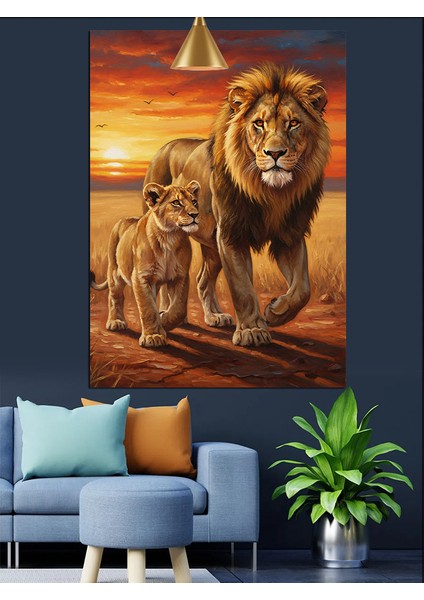 Afrika Bozkırlarında Gezen Aslan ve Yavrusu Dekoratif Kanvas - Mdf Ahşap Tablo fırsatları