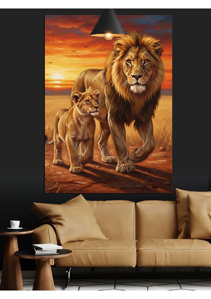Afrika Bozkırlarında Gezen Aslan ve Yavrusu Dekoratif Kanvas - Mdf Ahşap Tablo indirimleri