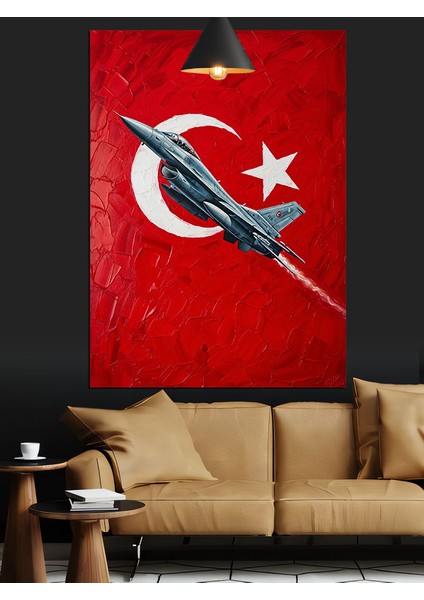 Türk Bayrağı Ay Yıldız ve Savaş Uçağı Dekoratif Kanvas - Mdf Ahşap Tablo