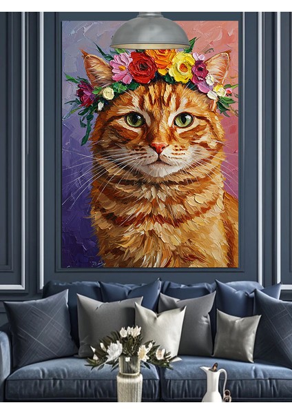 Sevimli Turuncu Kedi ve Çiçekli Şapkası Dekoratif Kanvas - Mdf Ahşap Tablo