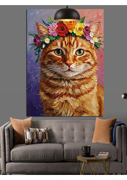 Sevimli Turuncu Kedi ve Çiçekli Şapkası Dekoratif Kanvas - Mdf Ahşap Tablo fiyatları