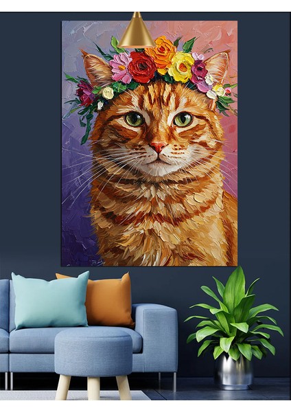 Sevimli Turuncu Kedi ve Çiçekli Şapkası Dekoratif Kanvas - Mdf Ahşap Tablo modelleri