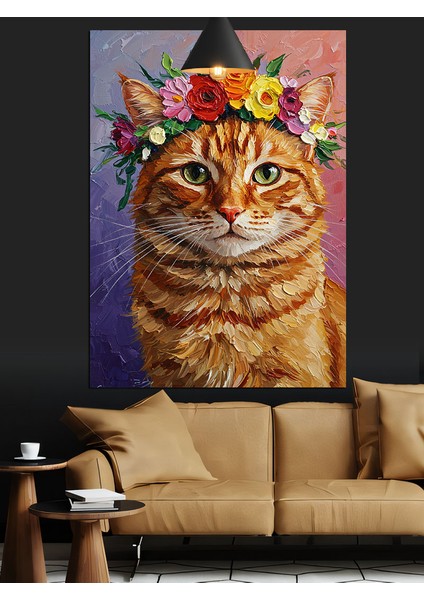 Sevimli Turuncu Kedi ve Çiçekli Şapkası Dekoratif Kanvas - Mdf Ahşap Tablo fırsatları