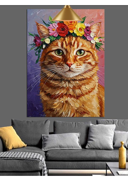 Sevimli Turuncu Kedi ve Çiçekli Şapkası Dekoratif Kanvas - Mdf Ahşap Tablo indirimleri