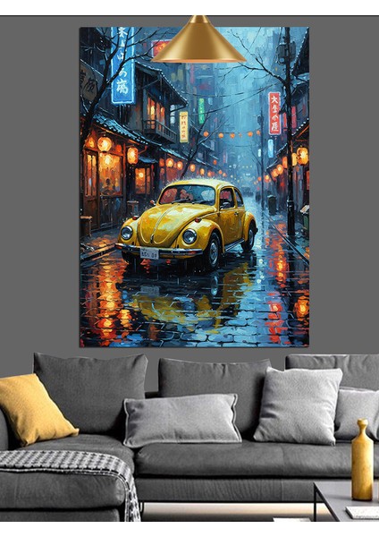 Sarı Vosvos Gece Şehir Dekoratif Kanvas - Mdf Ahşap Tablo