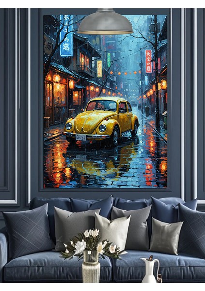 Sarı Vosvos Gece Şehir Dekoratif Kanvas - Mdf Ahşap Tablo fiyatları