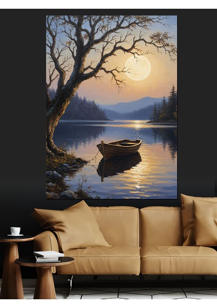Dolunay Gölge Ağaç Manzara Dekoratif Kanvas - Mdf Ahşap Tablo