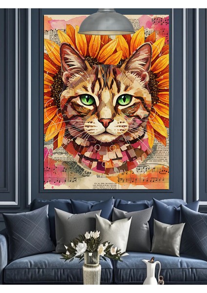 Ayçiçeği Kedi Portresi Dekoratif Kanvas - Mdf Ahşap Tablo fiyatları
