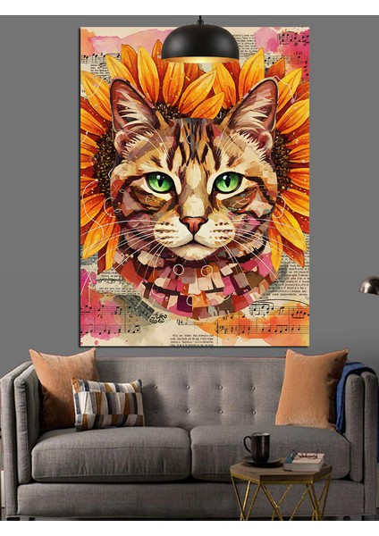 Ayçiçeği Kedi Portresi Dekoratif Kanvas - Mdf Ahşap Tablo modelleri