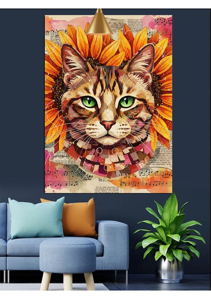Ayçiçeği Kedi Portresi Dekoratif Kanvas - Mdf Ahşap Tablo fırsatları