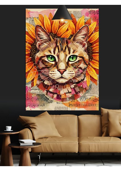 Ayçiçeği Kedi Portresi Dekoratif Kanvas - Mdf Ahşap Tablo indirimleri