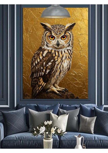 Baykuş Bilge Gözler Dore Fon Dekoratif Kanvas - Mdf Ahşap Tablo