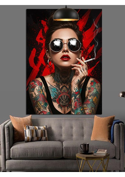 Dövmeli Sigara Içen Kadın Dekoratif Kanvas - Mdf Ahşap Tablo fiyatları