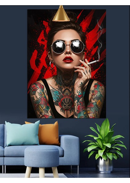 Dövmeli Sigara Içen Kadın Dekoratif Kanvas - Mdf Ahşap Tablo modelleri