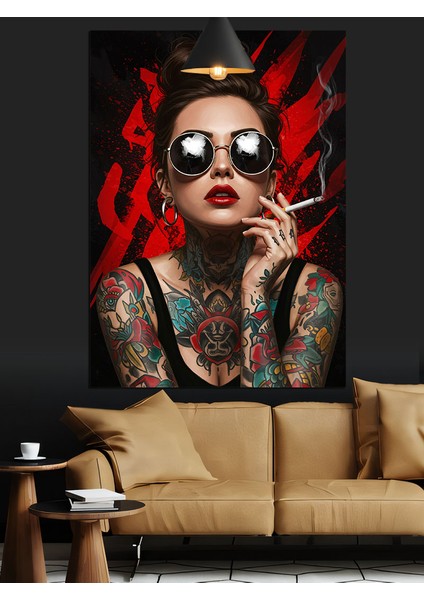 Dövmeli Sigara Içen Kadın Dekoratif Kanvas - Mdf Ahşap Tablo fırsatları