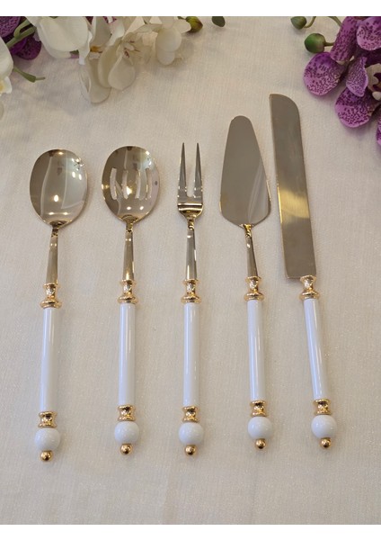 5 Parça Rustik Porselen Servis Kaşık Seti Tamamen Gold