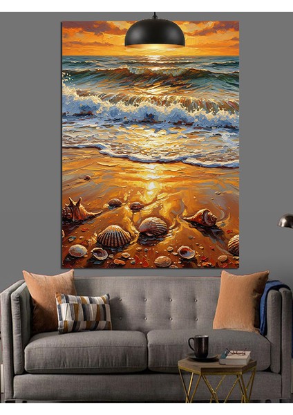 Deniz Gün Batımı Dalgalar Kıyı ve Deniz Kabukları Dekoratif Kanvas - Mdf Ahşap Tablo