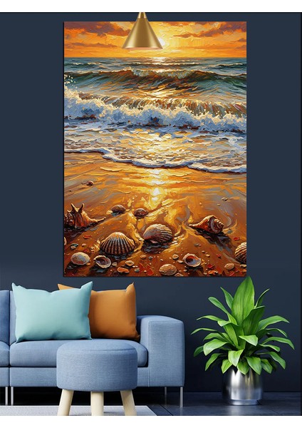 Deniz Gün Batımı Dalgalar Kıyı ve Deniz Kabukları Dekoratif Kanvas - Mdf Ahşap Tablo fiyatları