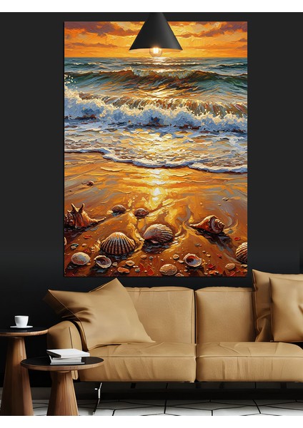 Deniz Gün Batımı Dalgalar Kıyı ve Deniz Kabukları Dekoratif Kanvas - Mdf Ahşap Tablo modelleri