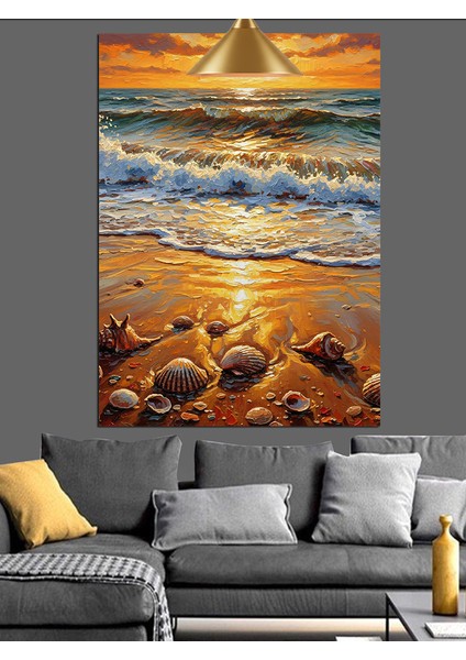 Deniz Gün Batımı Dalgalar Kıyı ve Deniz Kabukları Dekoratif Kanvas - Mdf Ahşap Tablo fırsatları