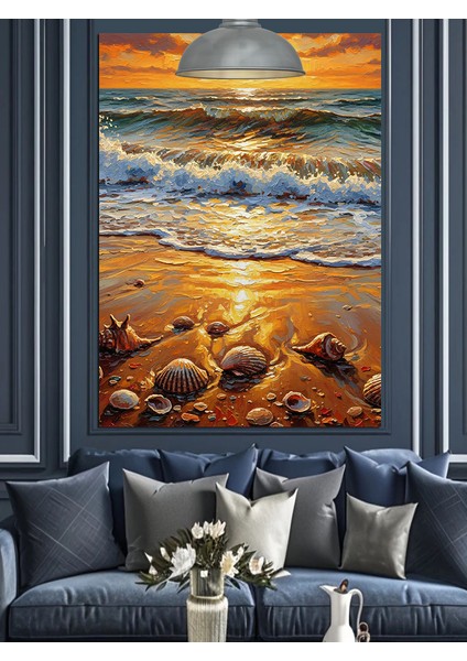 Deniz Gün Batımı Dalgalar Kıyı ve Deniz Kabukları Dekoratif Kanvas - Mdf Ahşap Tablo indirimleri